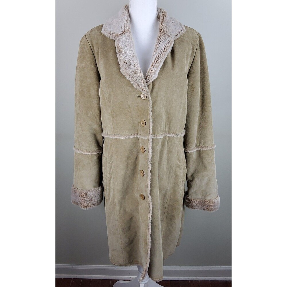 Brandon Thomas Faux Fur Trim Suede Leather Jacket Coat Tan Size L